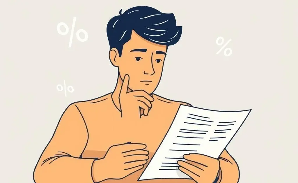 Person pondering over tax documents with percentage symbols.