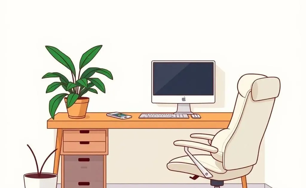 A cozy home office setup with a desk, chair, and greenery