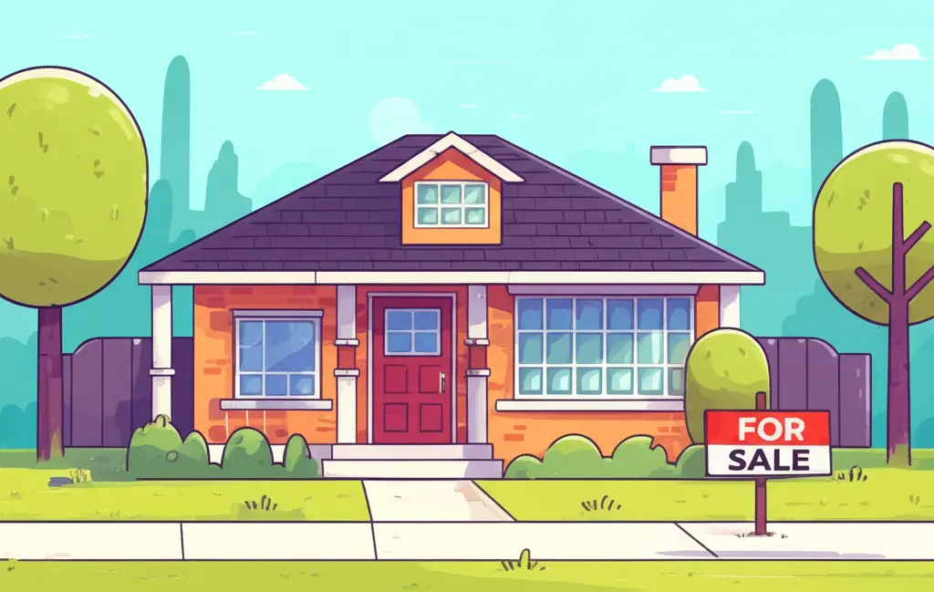 A cozy Canadian home with a 'For Sale' sign in the front yard