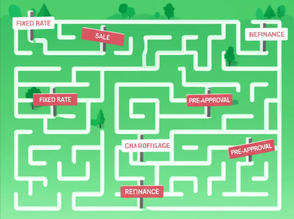 A labyrinth with mortgage-related signs on paths