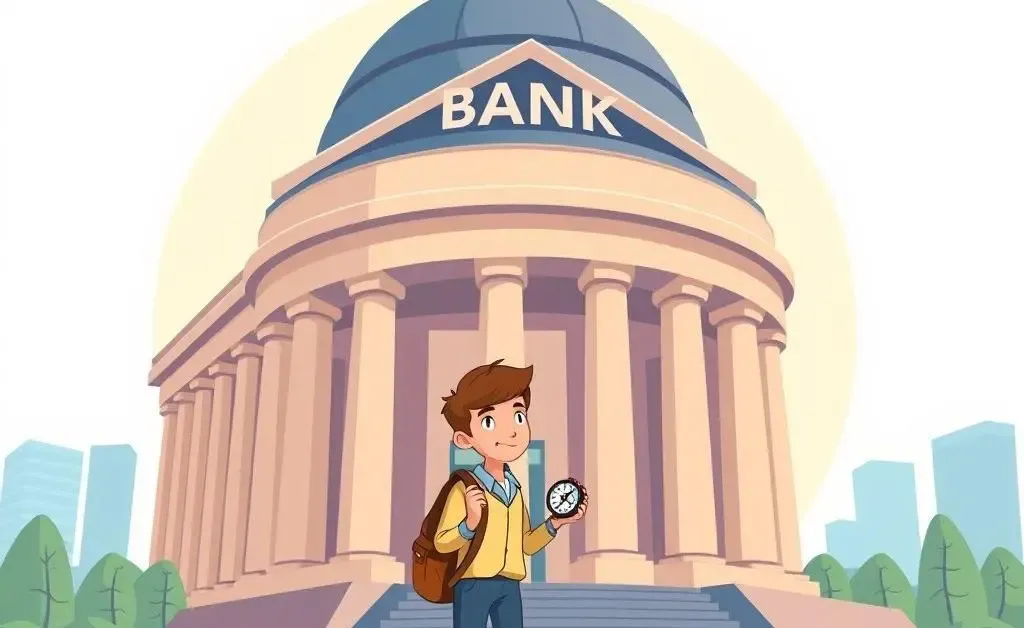 Cartoon-style illustration of a person navigating a large bank with a compass
