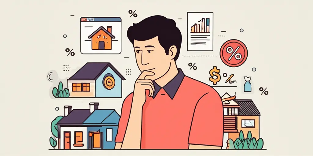 Person thinking about mortgage options with house and finance symbols