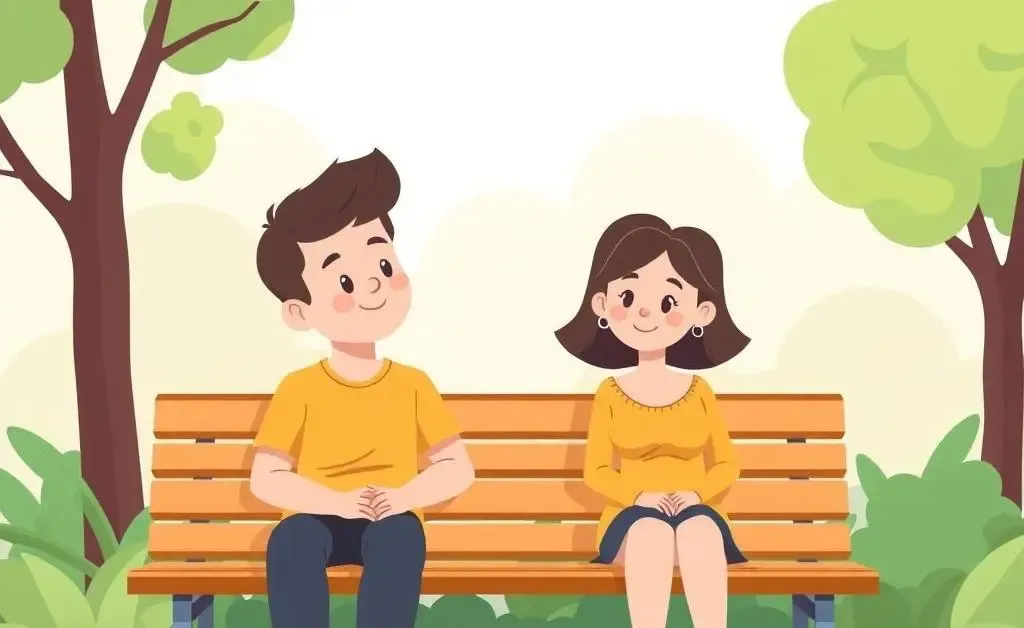 Two people sitting on a park bench, appearing contemplative and understanding