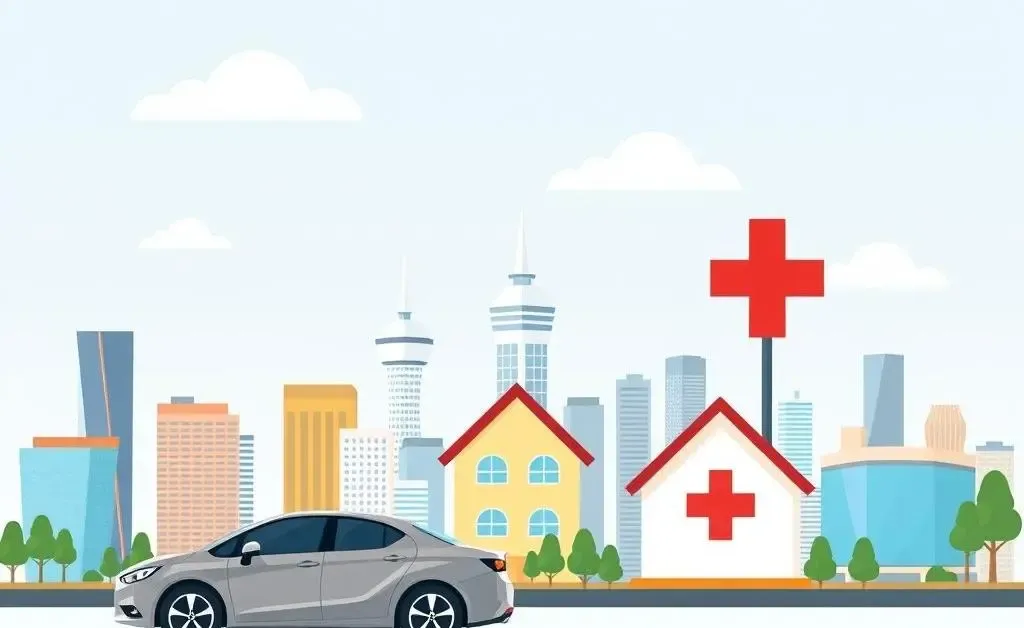 Cartoon-style Canadian skyline with insurance symbols