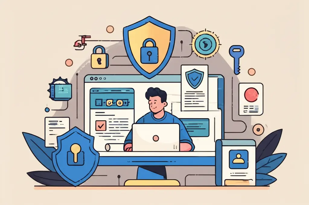 A person on a computer surrounded by digital security symbols.
