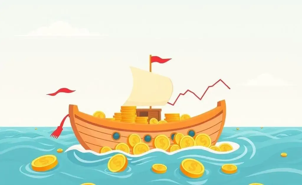 A boat navigating a sea of coins and stocks, symbolizing investment journeys