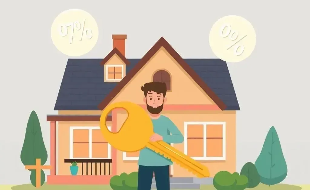 Person with a key unlocking mortgage secrets with symbols of percentage around a house