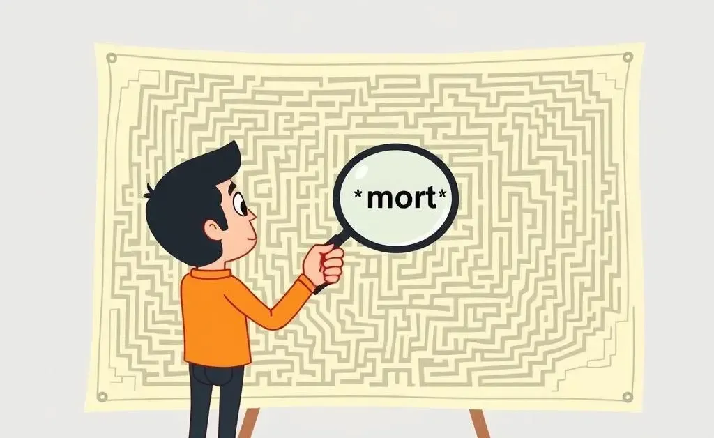 Person with a magnifying glass looking at a map of a maze titled 'mortgage'