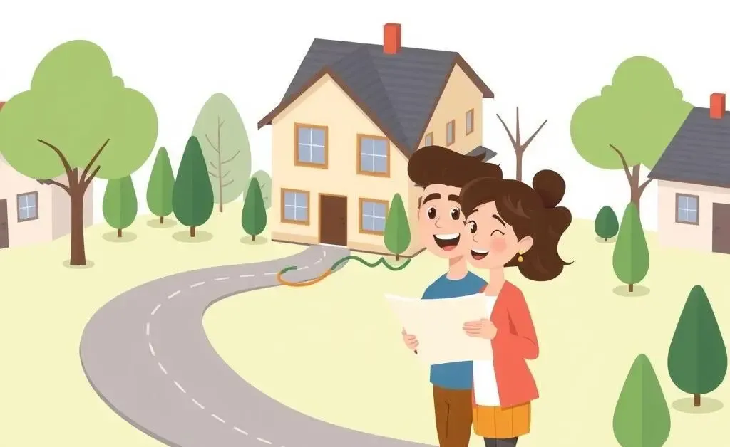 A cartoon illustration of a couple looking at a new house with a roadmap.