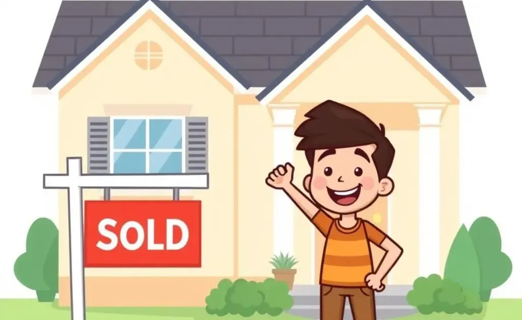 A happy homebuyer standing in front of a house with a 'Sold' sign