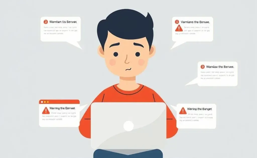 Individual browsing the Internet cautiously with scam warning signs