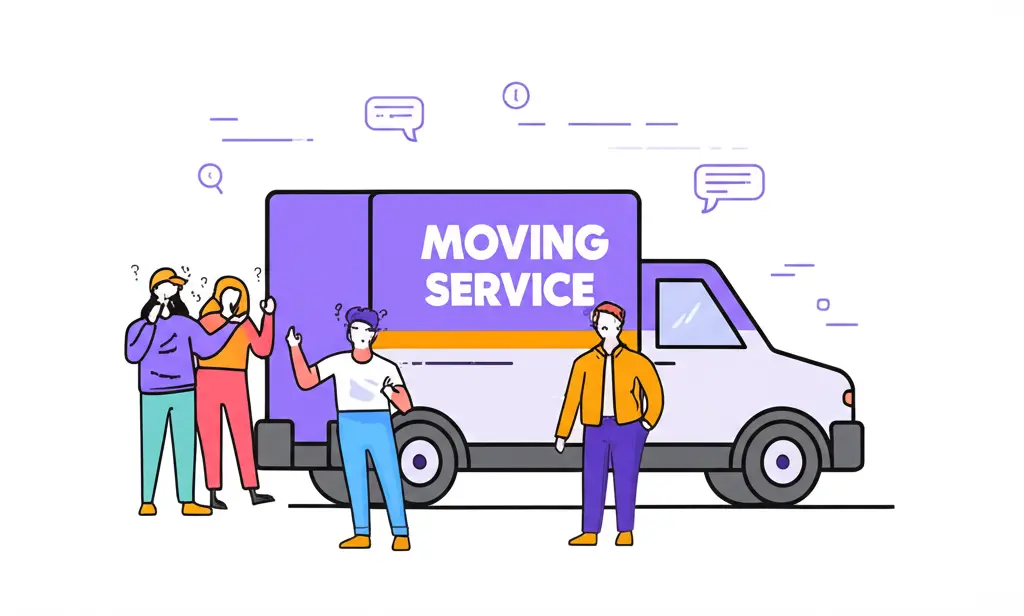 Cartoon of a moving truck with stressed individuals around it