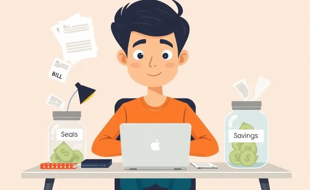 Person budgeting money at a desk with savings jars