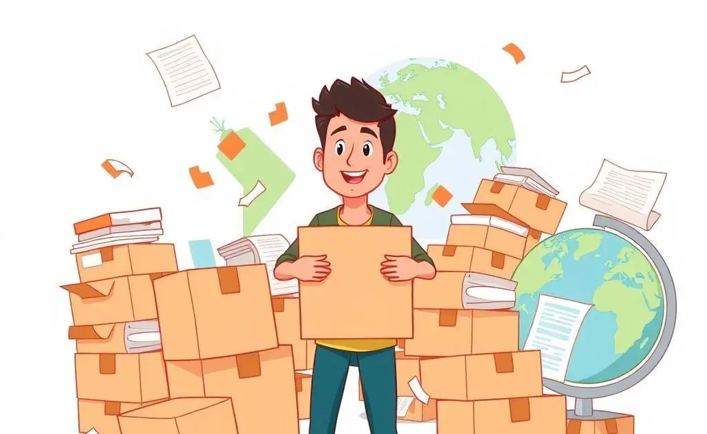 Cartoon person with moving boxes and globe