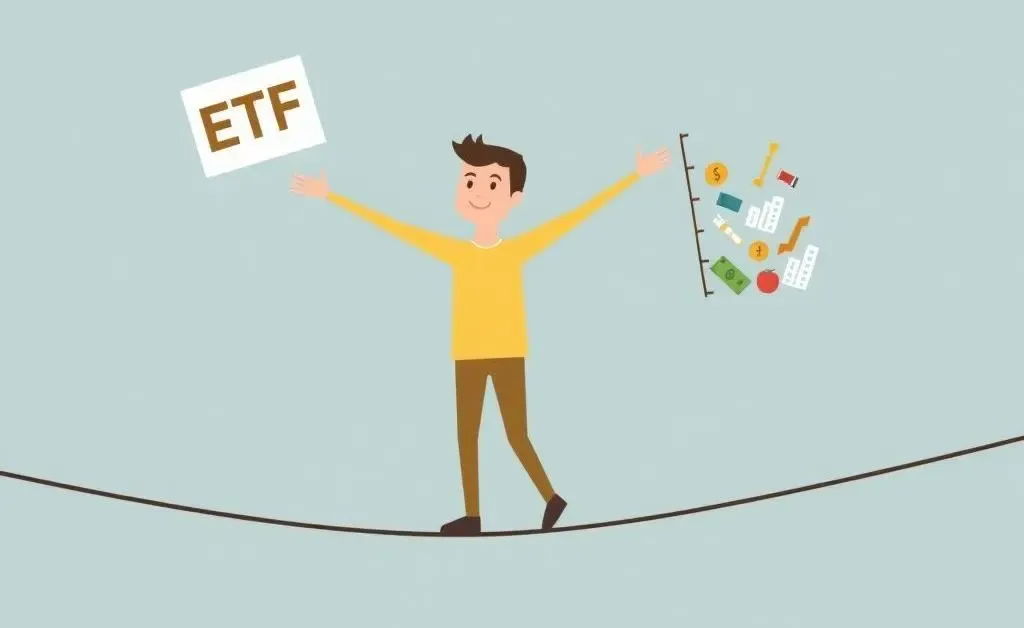 Cartoon of a person balancing ETFs and traditional investments