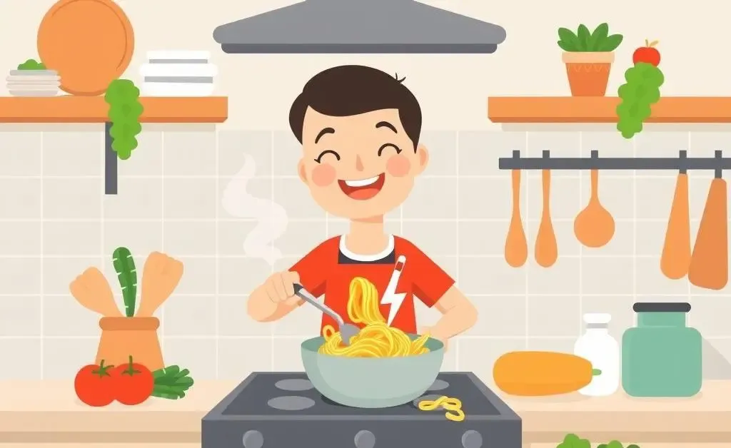 A hand-drawn cartoon of a person cooking in a home kitchen