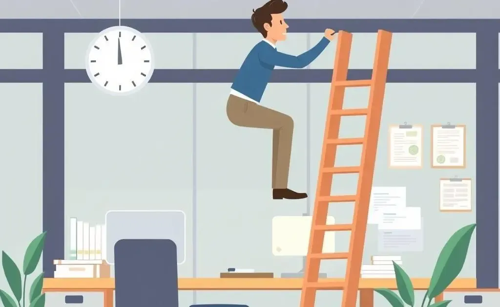 Person climbing a career ladder in an office