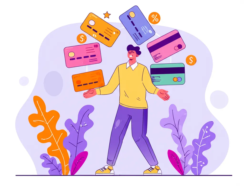 Person juggling credit cards with rewards symbols