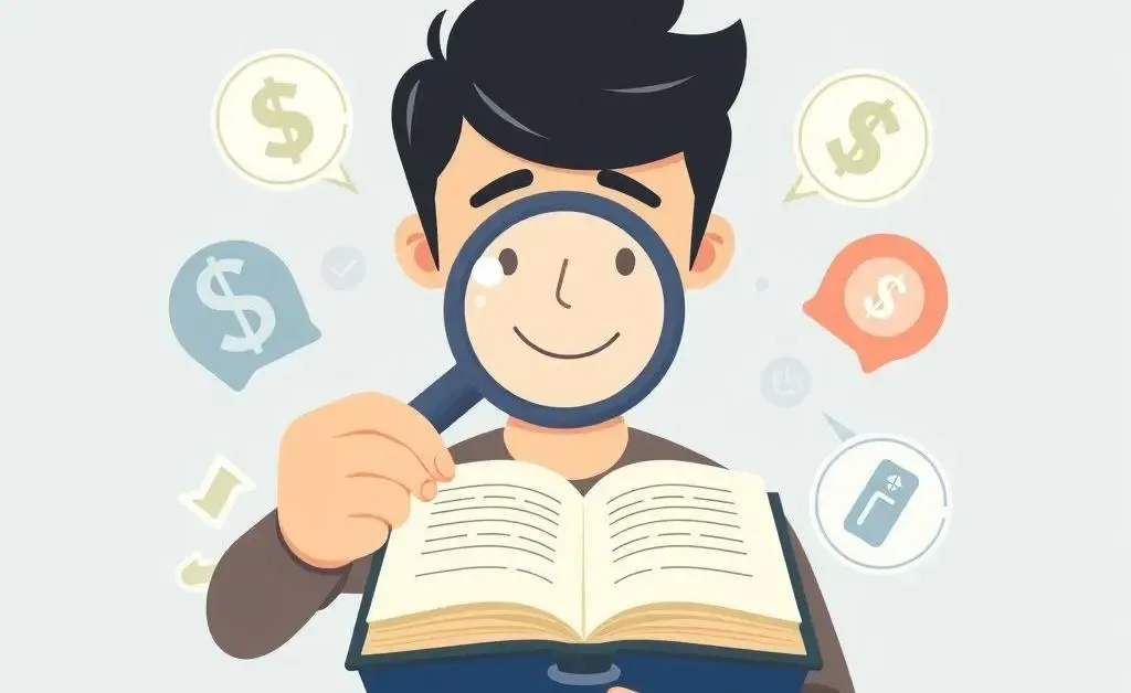 Person inspecting financial notes with a magnifying glass