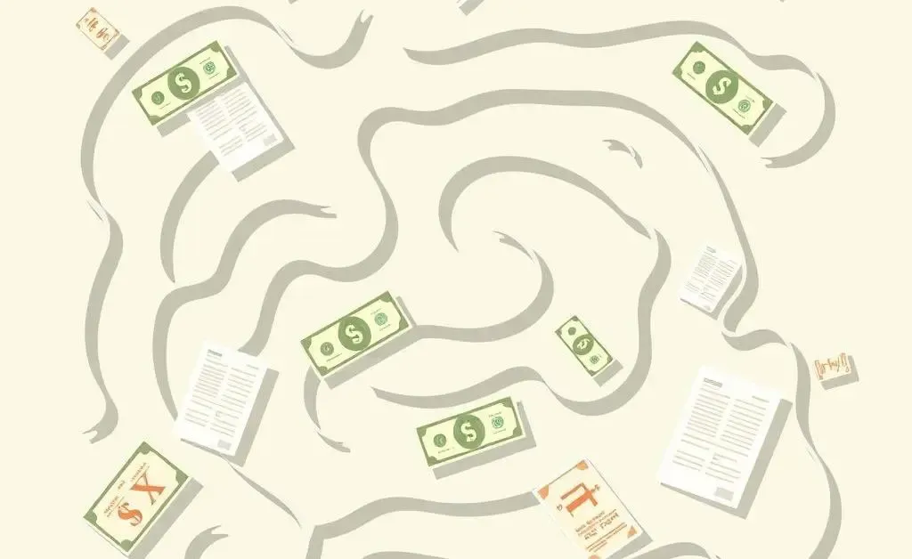 Maze with dollar bills and tax forms illustrating tax complexity