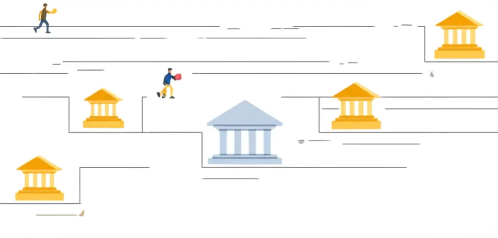 Person navigating a banking-themed maze