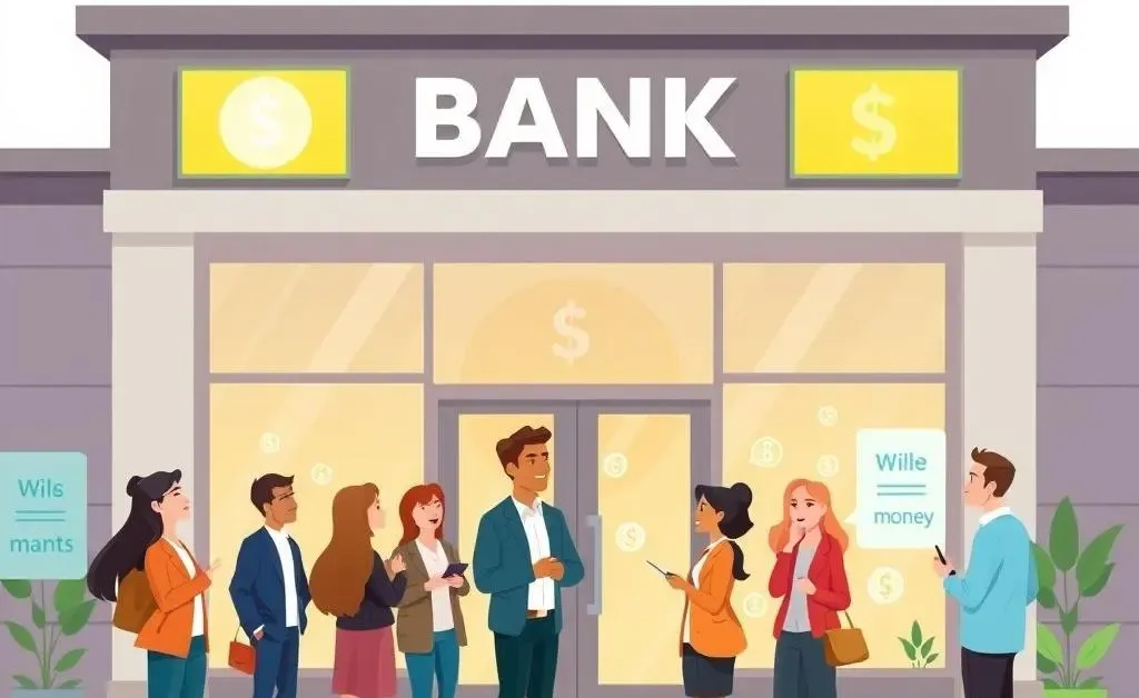 Illustration of a bank with people discussing financial matters