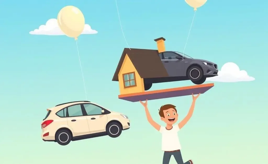 A person juggling a house and car balloons, symbolizing financial balancing.