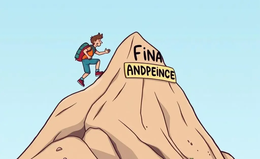 A cartoon-style person climbing a financial independence mountain