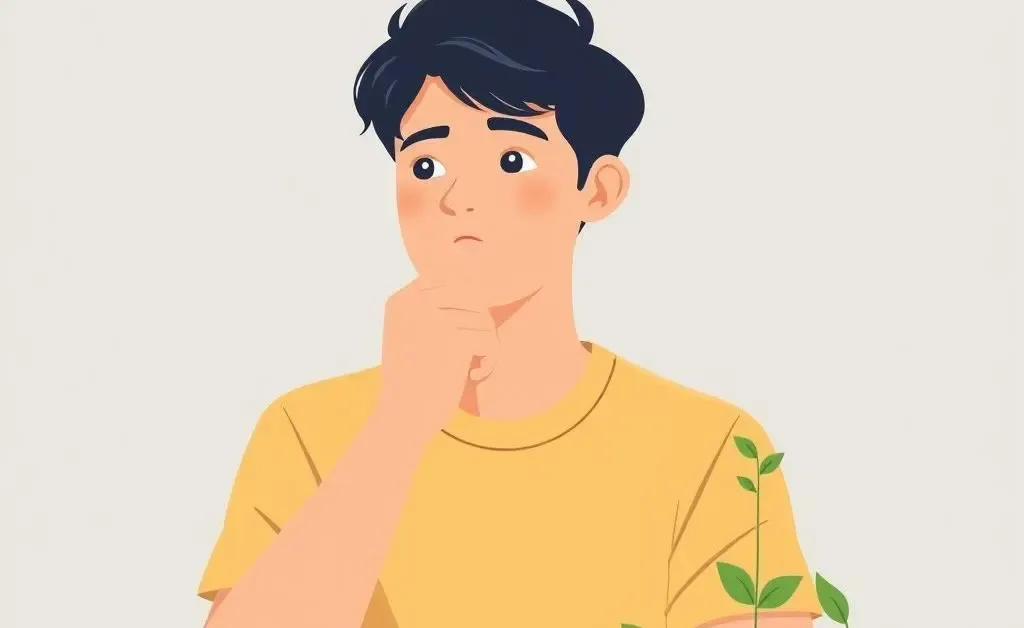 A young adult surrounded by coins and small plants representing savings growth