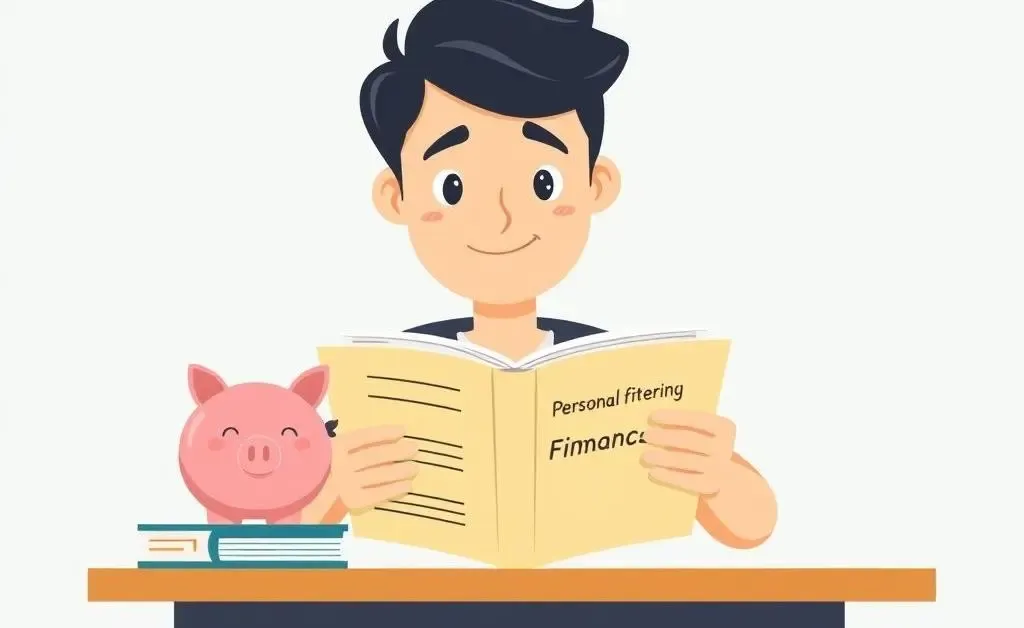 Person reading personal finance book with piggy bank on desk
