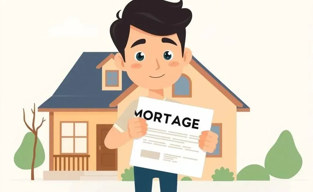 Person holding mortgage document with house and calculator