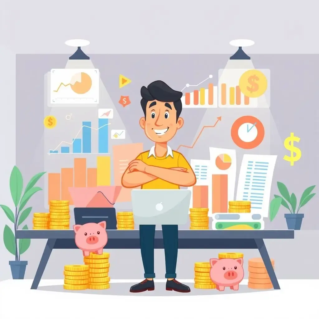 A whimsical illustration of financial planning with charts and piggy banks