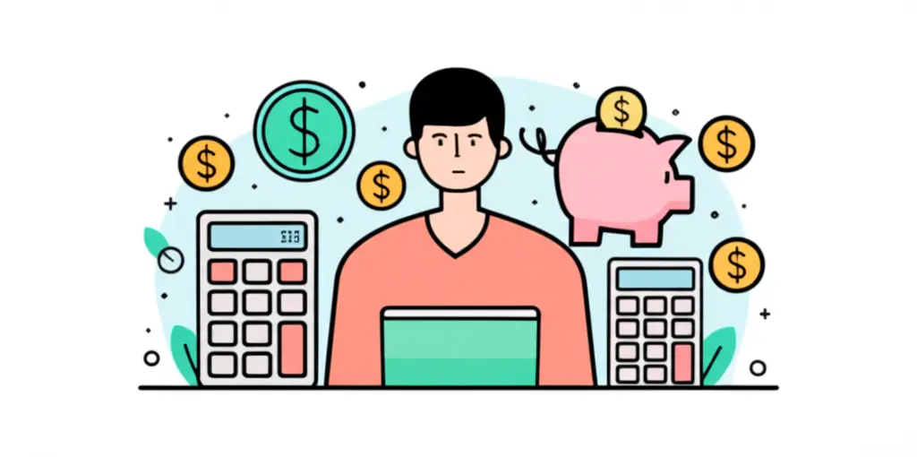 Person surrounded by financial symbols and tools