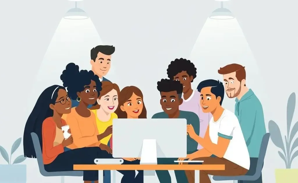 People gathered around a computer in a discussion