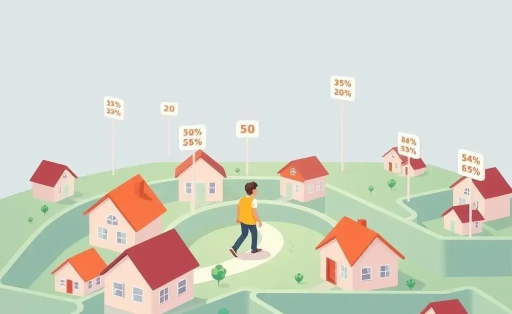 Cartoon person navigating a maze of homes with interest rate signs