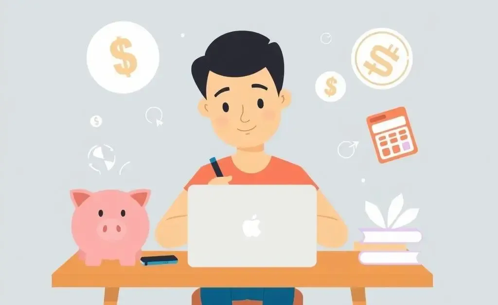 Person learning about personal finance with financial icons