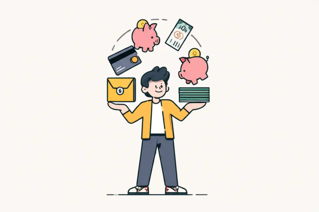 Illustration of a person juggling finance-related items symbolizing personal finance tips