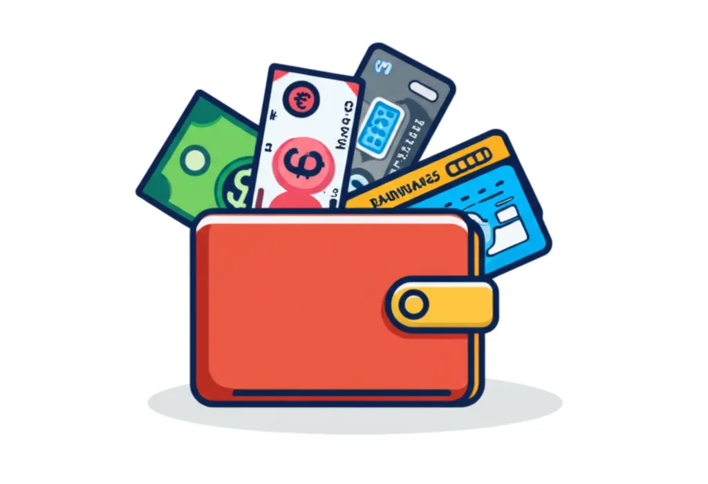 Cartoon wallet overflowing with diverse currencies and bank passbooks