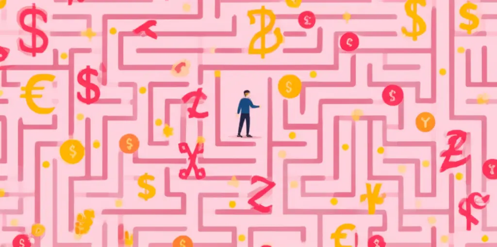 A person navigating a maze with financial symbols