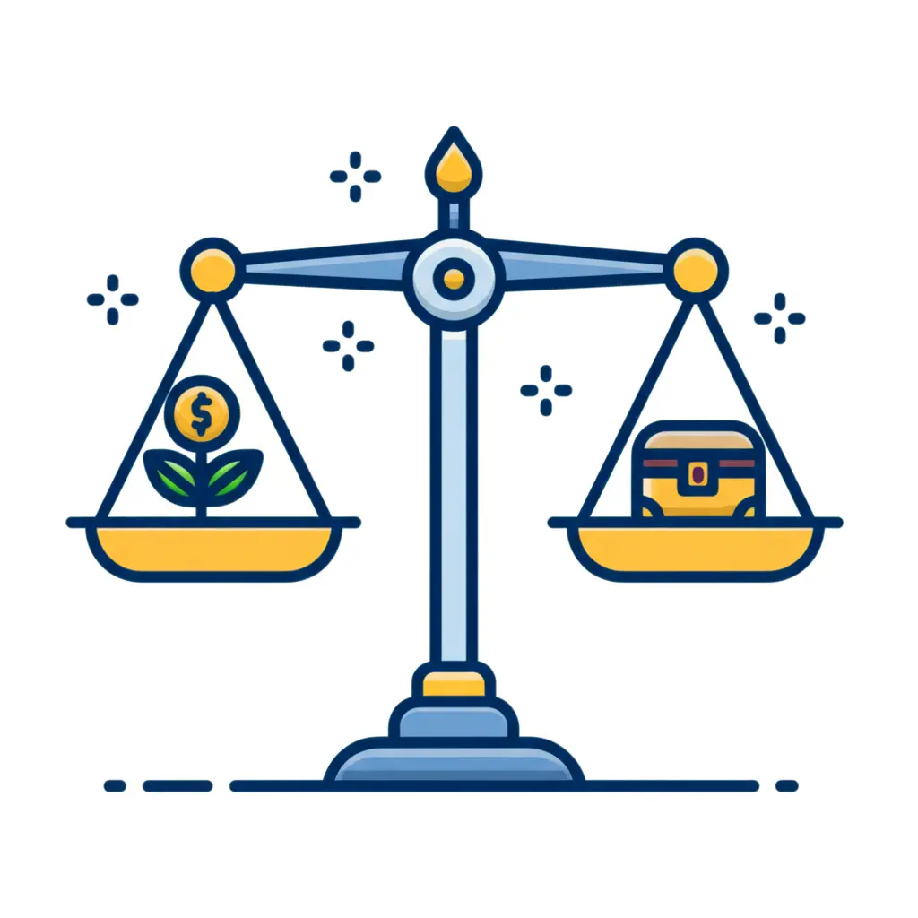 A balanced scale with stock icons representing a balanced stock portfolio