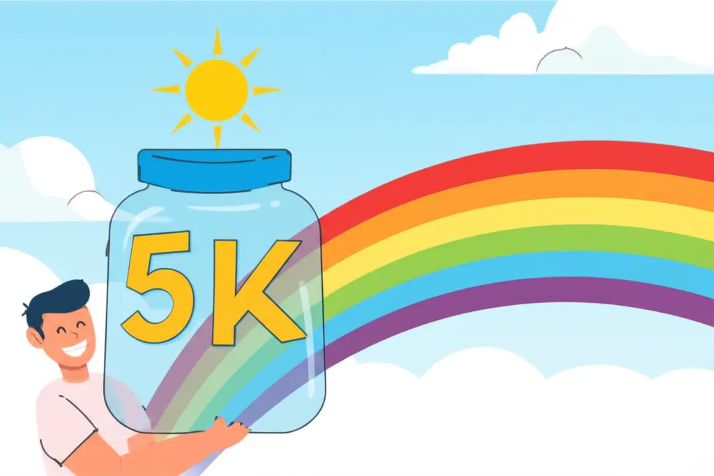 A person holding a savings jar labeled '5K' with a rainbow and sunny sky