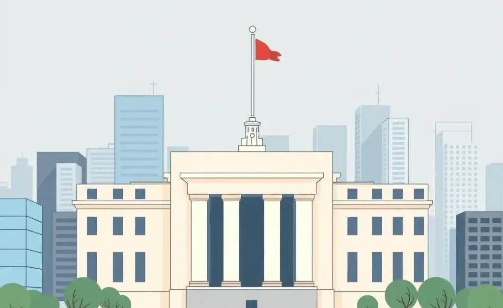 Illustration of the Federal Reserve building surrounded by economic icons