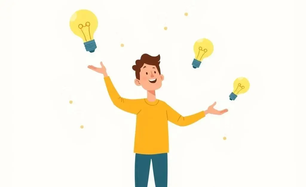 Person juggling questions and lightbulbs representing ideas and feedback