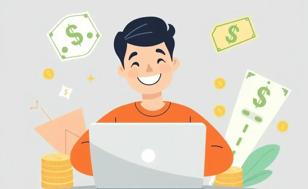Person happily managing finances with a laptop and money symbols