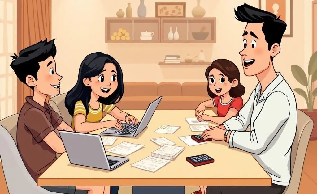 A Filipino family engaged in a financial discussion around a table