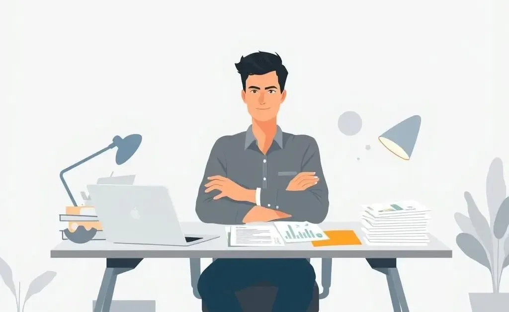 Person at desk with finance materials, feeling confident