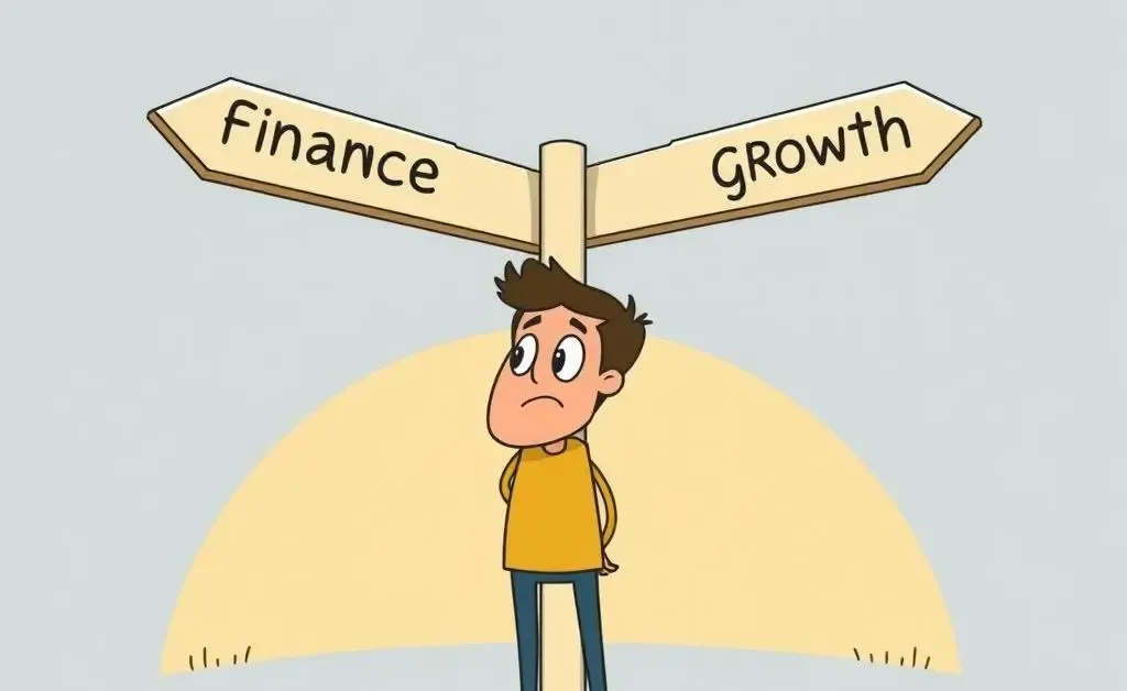 A person standing at a crossroads with signs labeled 'Finance' and 'Growth'