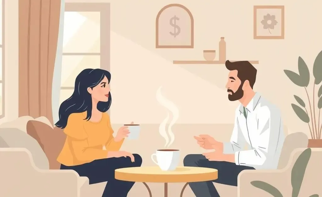 Illustration of a tranquil home setting with a person discussing finances over coffee
