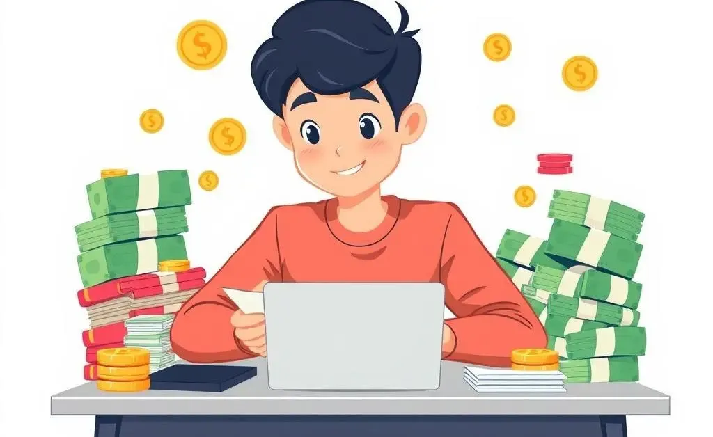 A young person managing their finances at a desk
