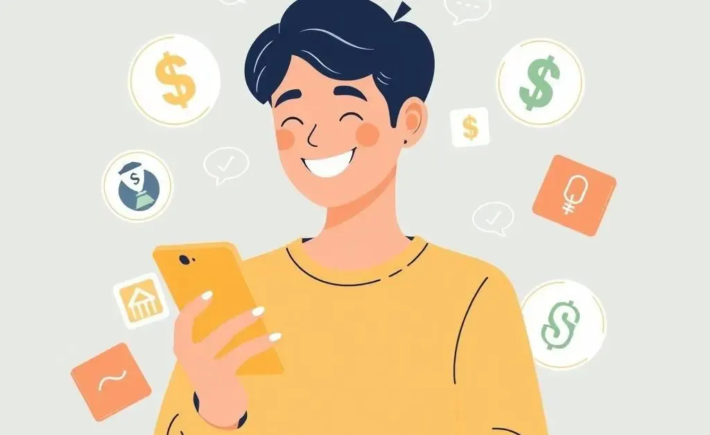Person using a smartphone with financial icons around them